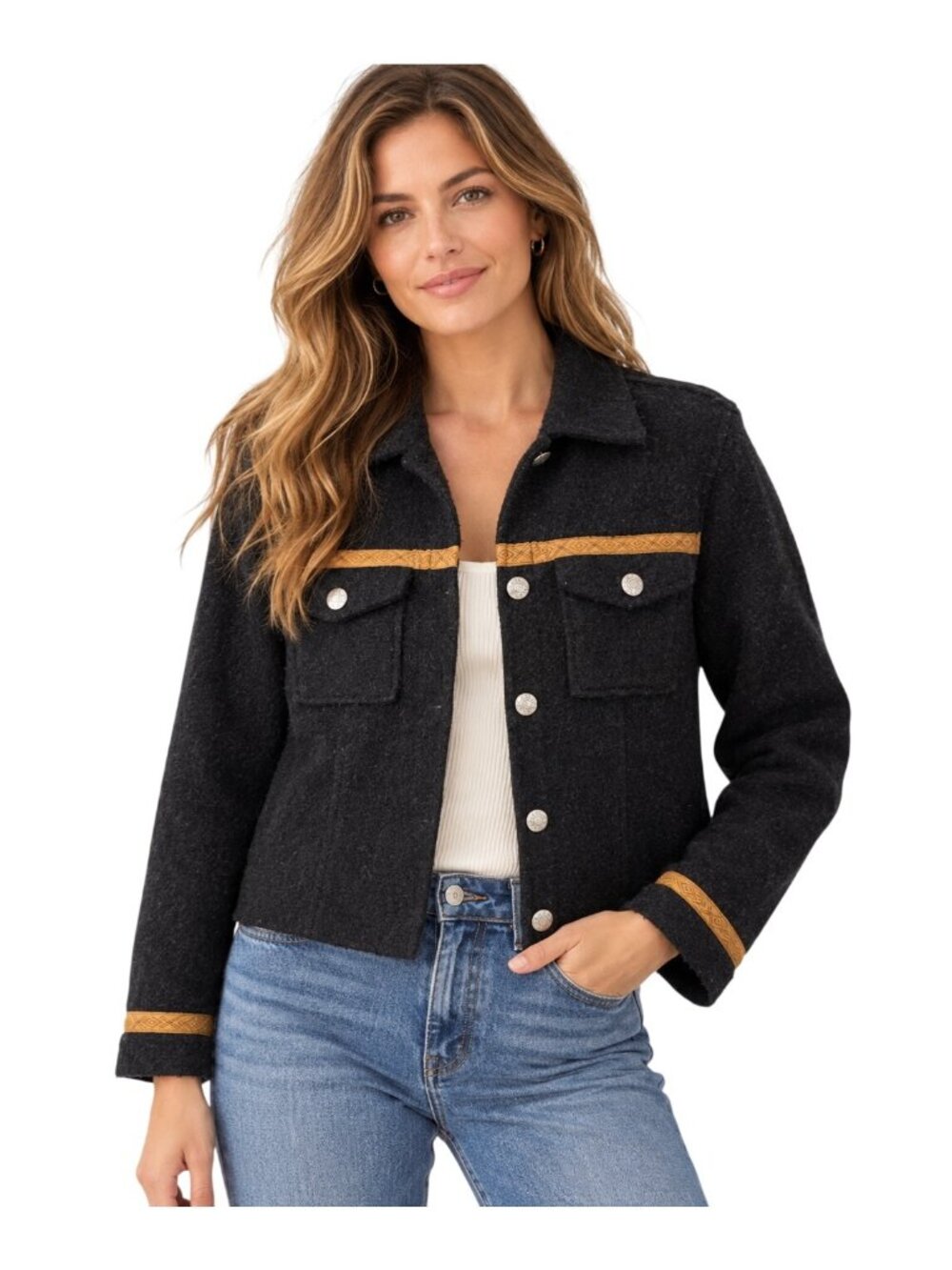 Tsunami Women’s M Wool Blend Jacket Black Southwestern Trim Cropped Shacket